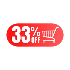 33% off, shopping cart icon, Super discount sale, design in 3D red vector illustration. Thirty three 