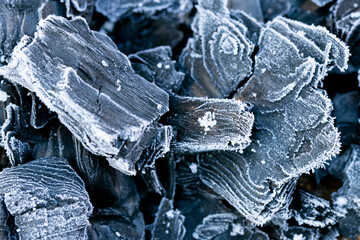  Charcoal in frost background. Frozen coal texture.Heating season.First frosts and colds concept.coal in hoarfrost 