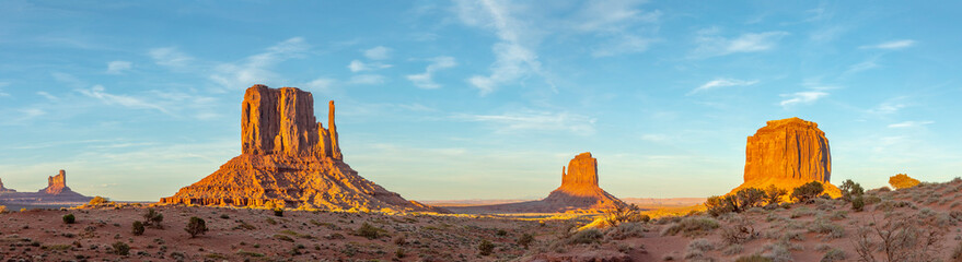 scenic view to the Mittens butte in monument valley seen from visitor center in early morning