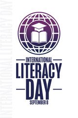 International Literacy Day. September 8. Holiday concept. Template for background, banner, card, poster with text inscription. Vector EPS10 illustration.