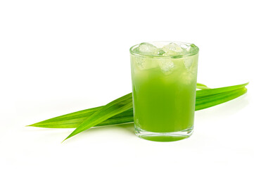 Glass of pandan juice with pandan leaves isolated on white background
