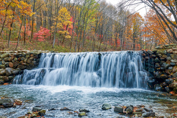 Obraz premium Autumn maple leaves and stream landscape.