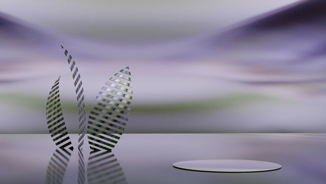 Podium expositor de produto branco com duas folhas de plantas abstrato com listras verdes e fundo degradee roxo e verde e branco