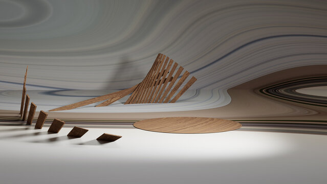 Podium expositor de produto em madeira marrom e ripas de madeira e fundo degradee abstrato circular