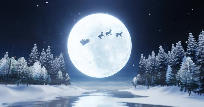 Silhouette Santa and Reindeer flying in the dark sky with full moon and many stars. The concept for Christmas eve. The Super moon is reflected in the sea. A wave the ocean to the island. 3D Rendering