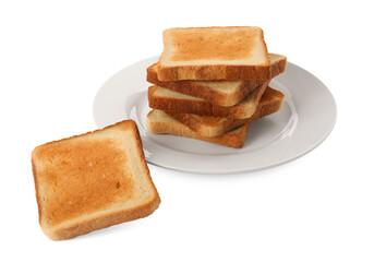 Plate with slices of delicious toasted bread on white background