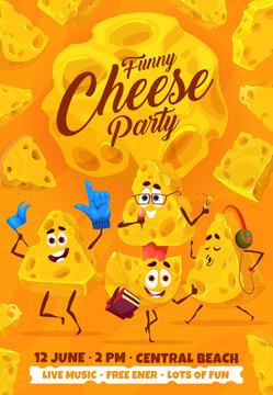 Cheese party flyer, cartoon maasdam and gouda cheese characters. Vector invitation poster with funny dairy food personages with books, microphone, headset and fan glove. Live music party