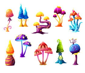 Fairy fantasy cartoon mushrooms, vector magic fungi of unusual shapes with bizarre stipes and odd caps. Natural elements for fairytale or computer game interface. Beautiful strange alien plants set