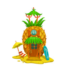 Cartoon fairytale pineapple house building. Tropical fruit fantasy dwelling, shack or isolated vector hut. Summer vacation fairy bungalow on beach with lounge chair, parasol and surfing board on sand