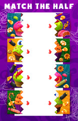 Match the half of Halloween holiday sweets and candies on cobweb background. Vector worksheet of kids education game, puzzle or matching riddle with cartoon trick or treat lollipops, corn candy, cakes