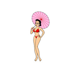 Young woman with parasol, in retro style. Vector illustration