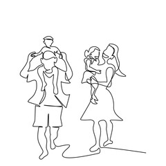Daddy with Son riding father’s necK and Young mother holding daughter in her hand are walking together in single line drawing style. Vector isolate flat continue line design concept of family’s day.