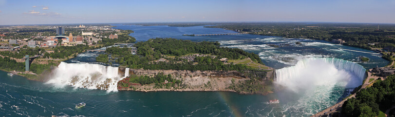 Panoramic aerial view of American Falls, Bridal Veil Falls and Horseshoe Falls known as Niagara...