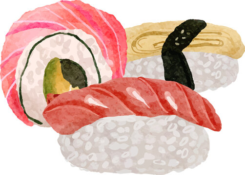 Watercolor Sushi Japanese Food Illustration