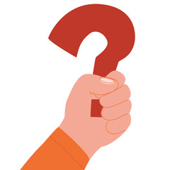Cartoon Hand holding question mark on white isolate. Vector image with the concept of a riddle. Stock illustration with the search for a solution to a question or problems.