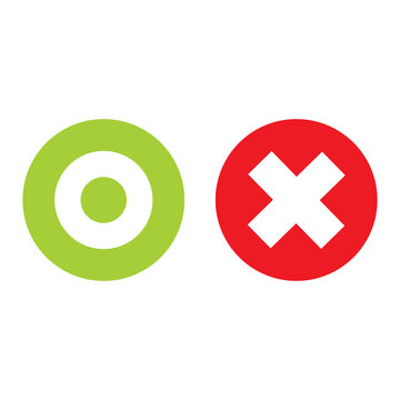 Flat o and x round shape icons, green circle and red cross