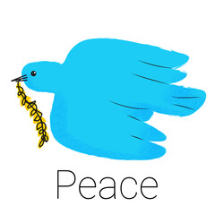 Blue dove with wheat on a white isolate. The bird is a symbol of peace. Vector illustration in hand-drawn style with texture.
