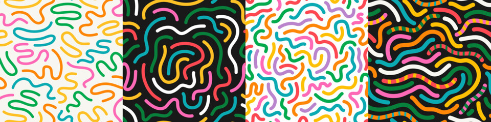Colorful line doodle seamless pattern set. Creative minimalist style art background collection, trendy design with basic shapes. Modern abstract color backdrop.