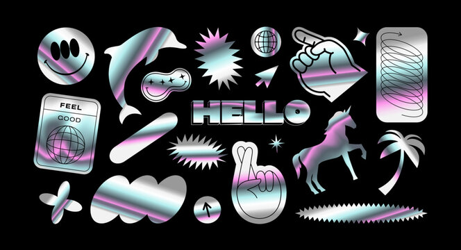 Trendy retro y2k holographic sticker illustration collection on isolated background. Modern 90s style abstract iridescent shape set with hand gesture, funny face and animal label designs.