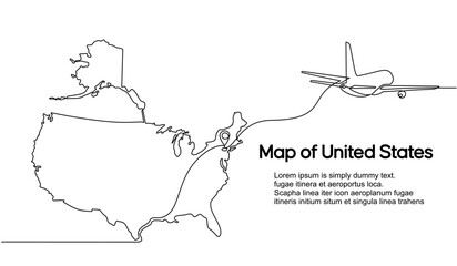Continuous one line drawing of United States domestic aircraft flight routes. US map icon and airplane path of airplane flight route with starting point location and single line trail in doodle style