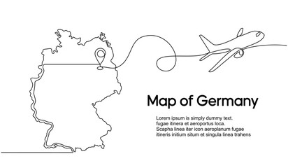 Continuous one line drawing of Germany domestic aircraft flight routes. Germany map icon and airplane path of airplane flight route with starting point location and single line trail in doodle style.