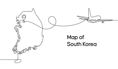 Continuous one line drawing of South Korea domestic aircraft flight routes. South Korea map icon and airplane path of airplane flight route with starting point location and single line trail in doodle