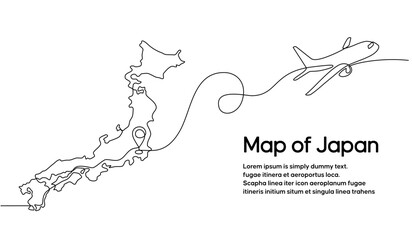 Continuous one line drawing of Japanese domestic aircraft flight routes. Japan map icon and airplane path of airplane flight route with starting point location and single line trail in doodle style.