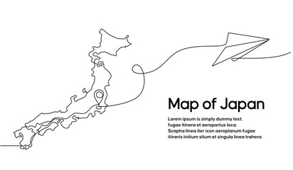 Continuous one line drawing of Japanese domestic aircraft flight routes. Japan map icon and airplane path of airplane flight route with starting point location and single line trail in doodle style.