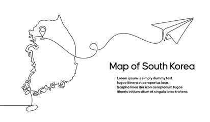 Continuous one line drawing of South Korea domestic aircraft flight routes. South Korea map icon and airplane path of airplane flight route with starting point location and single line trail in doodle