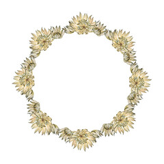 Watercolor boho wreath isolated on white background. Circle frame border template for design. Dry flower green beige herbarium for wedding. Hand-drawn summer autumn plant. Clipart with copy space