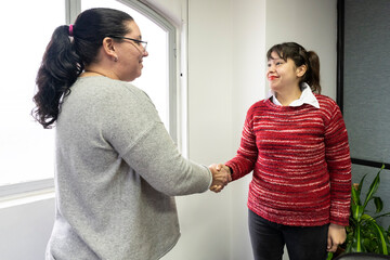 Fototapeta premium Smiling business woman shaking hands with another. Concept of deal, success, agreement