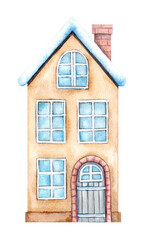 A watercolor winter home of two stories with windows, a door, and a brick chimney. Painted by hand. Isolated on a white background.