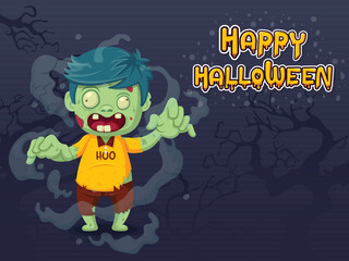 Zombie Cartoon Halloween Character With Happy Halloween Text Effects. Vector illustration