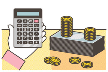 Vector illustration of a calculator with coins and banknotes. Household economy and saving concept. - obrazy, fototapety, plakaty