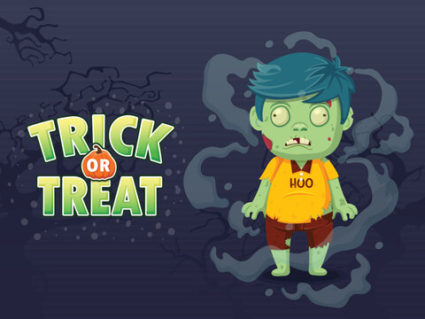 Zombie Cartoon Halloween Character With Trick Or Treat Text Effects. Vector illustration