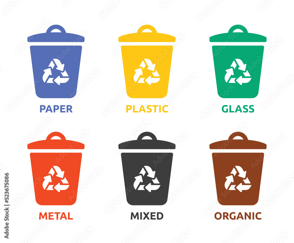 Poster waste sorting icon vector set illustration. symbol of separate bin, trash can and disposal container