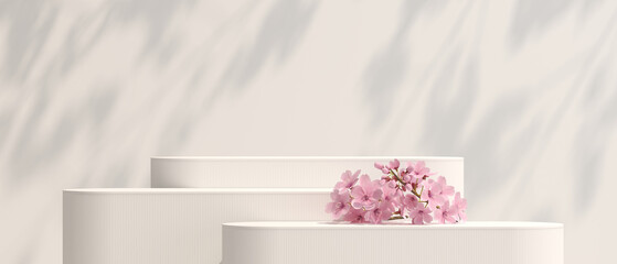 Minimal background. podium and sakura with white background for product presentation. 3d rendering illustration. - obrazy, fototapety, plakaty