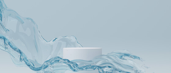 3d cosmetic background. podium with abstract water splash blue background for banner, product or cosmetics presentation. 3d rendering illustration.