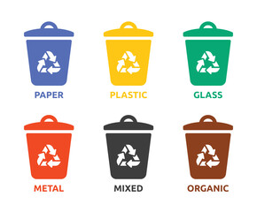 Waste sorting icon vector set illustration. Symbol of separate bin, trash can and disposal container for recycling garbage.