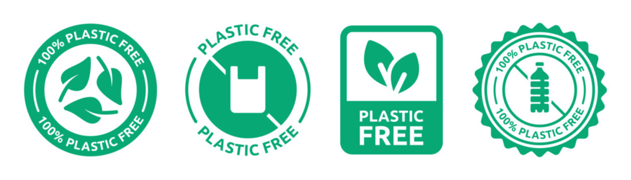 Plastic free icon label vector set. No plastic product sign illustration.