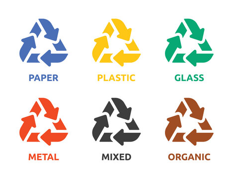 Waste sorting icon recycle sign vector set illustration. Collection of garbage symbol paper, plastic, glass, metal, mixed and organic.