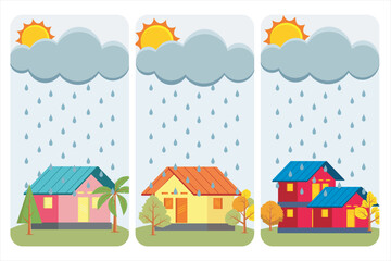 Monsoon season. Rainy season. Illustration of heavy rain. Vector illustration of rain in a simple house