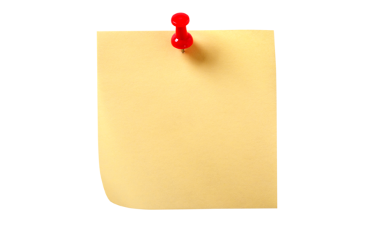 One square yellow sticky post it note with pushpin isolated transparent background photo PNG file