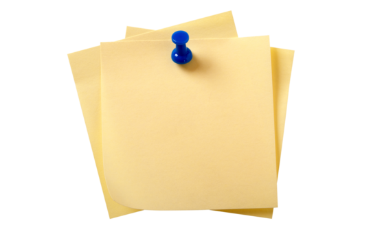 Untidy stack of yellow sticky post it note with pushpin isolated transparent background photo PNG file