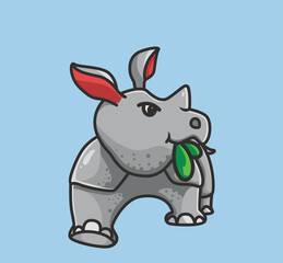 cute rhinoceros eating a leaf. cartoon animal nature concept Isolated illustration. Flat Style suitable for Sticker Icon Design Premium Logo vector. Mascot Character
