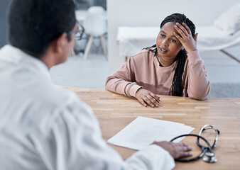 Sick, ill or stressed patient with doctor talking in medical consultation, checkup or visit in...