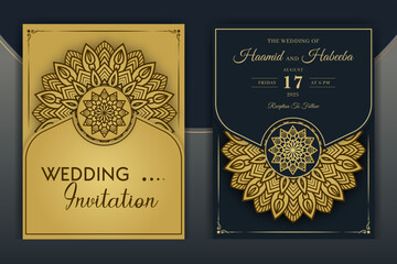 Luxury Mandala Wedding Invitation Card template with golden arabesque pattern Arabic Islamic east background style. Editable vector file. Decorative mandala for print, poster, cover, flyer, banner