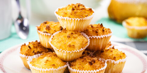 Typical sweet from Brazil and Portugal, called queijadinha or queijada. Homemade dessert, pastry from bakery or traditional confectionery