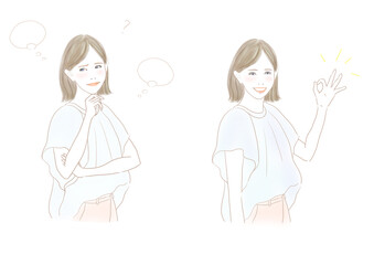 女性　悩む顔＆OKポーズのセット