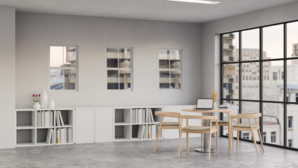 Modern minimal white company co-working space room interior design with brainstorming table